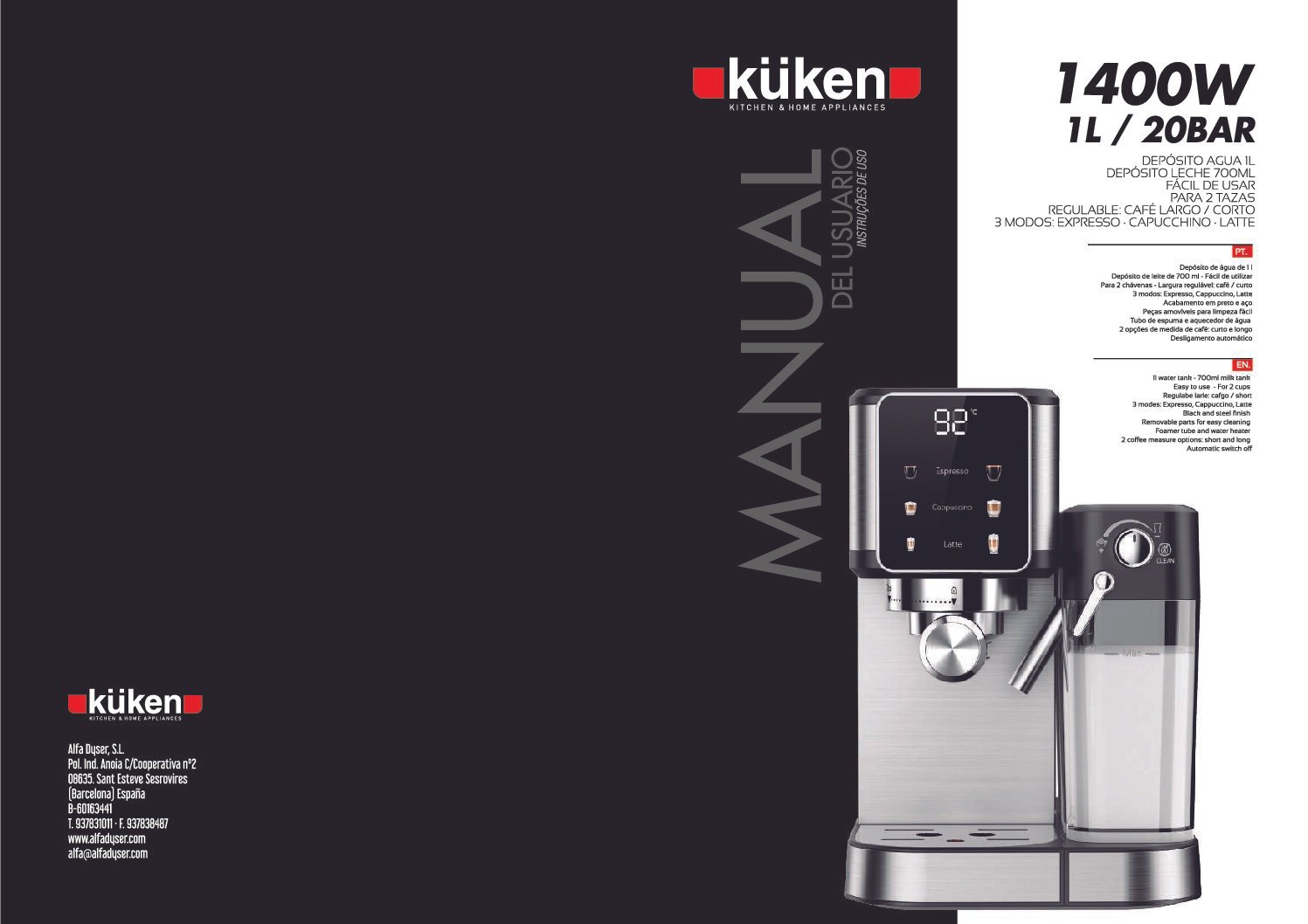 CAFETERA EXPRESS/NESPRESSO 20 BARES 1 LITRO DEPÓSITO DE LECHE - Imagen 5