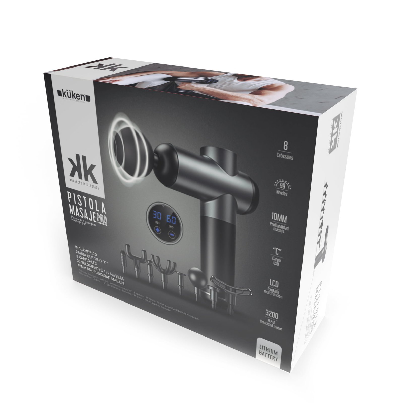 PISTOLA MASAJE DIGITAL 8 CABEZALES Y 99 VELOCIDADES 18W – Bild 3